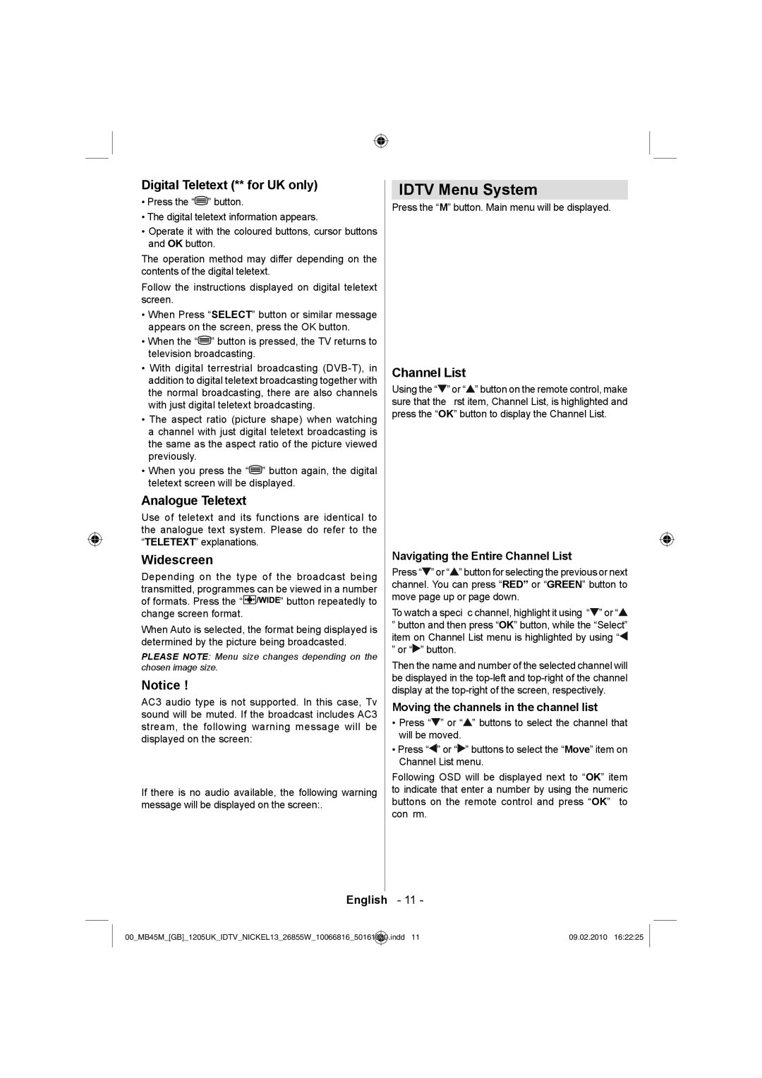 Technika LCD26-209X manual Idtv Menu System, Digital Teletext ** for UK only, Analogue Teletext, Widescreen, Channel List 
