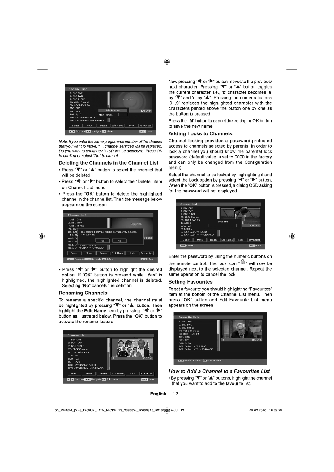 Technika LCD26-209X manual Deleting the Channels in the Channel List, Renaming Channels, Adding Locks to Channels 