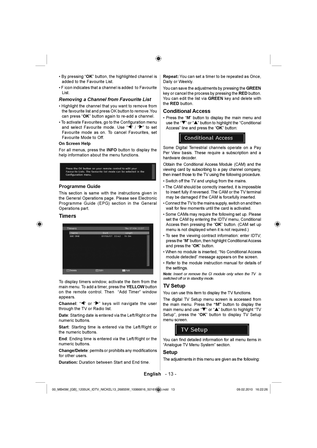 Technika LCD26-209X manual Timers, Conditional Access, TV Setup, Removing a Channel from Favourite List 