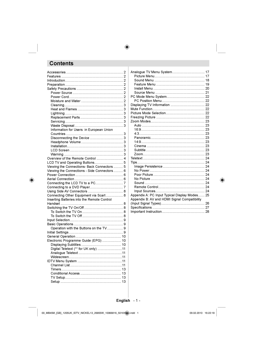 Technika LCD26-209X manual Contents 