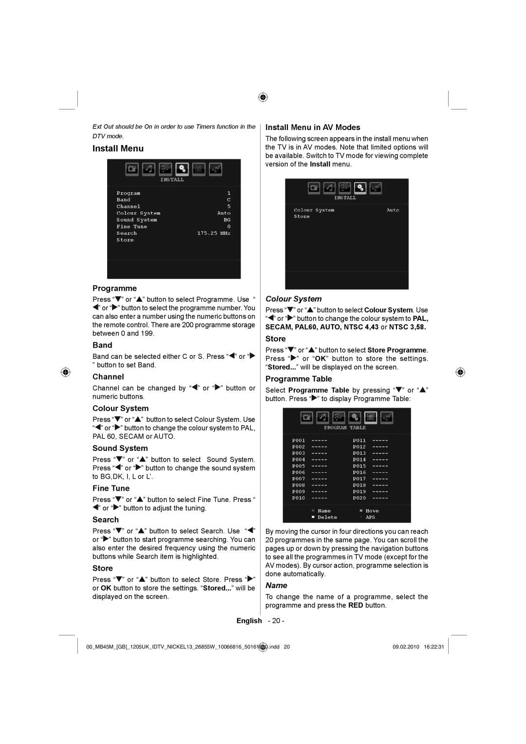 Technika LCD26-209X manual Install Menu in AV Modes, Colour System, Name 