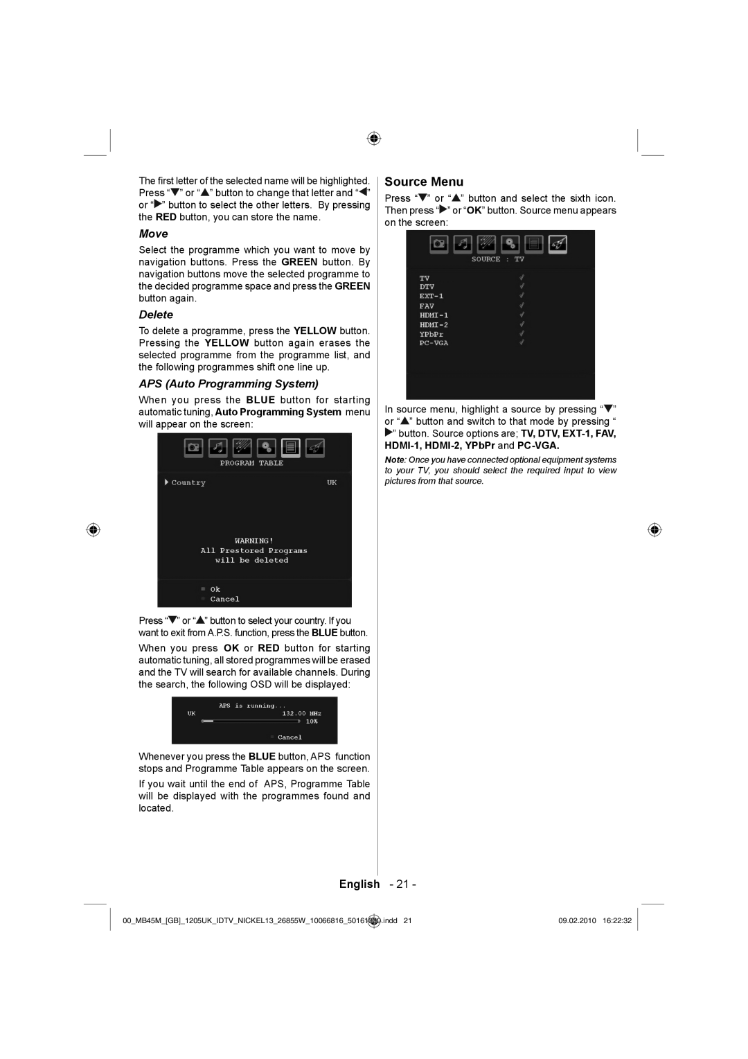 Technika LCD26-209X manual Source Menu, Move, Delete, APS Auto Programming System 