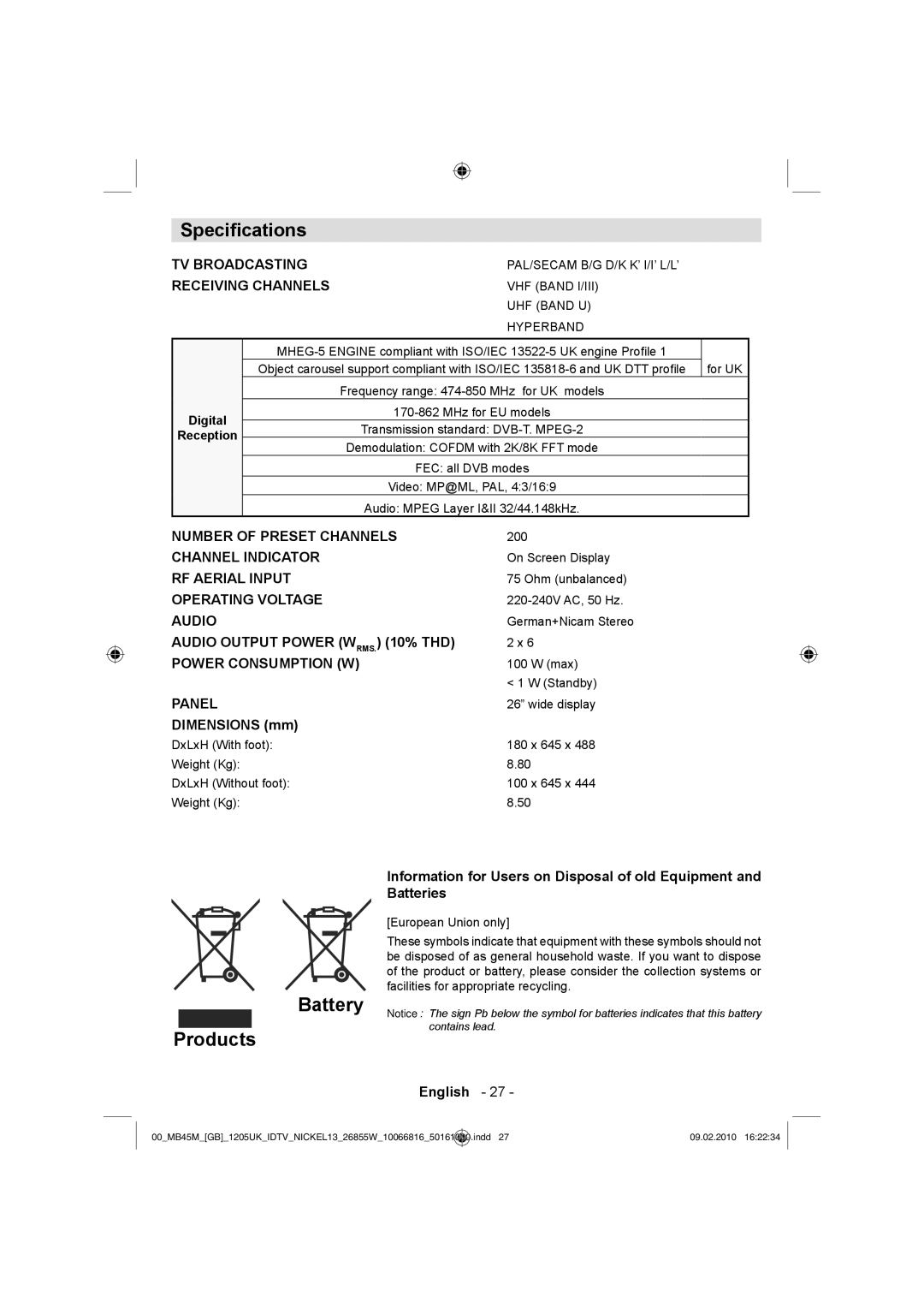 Technika LCD26-209X manual Products, Dimensions mm, Information for Users on Disposal of old Equipment, Batteries 