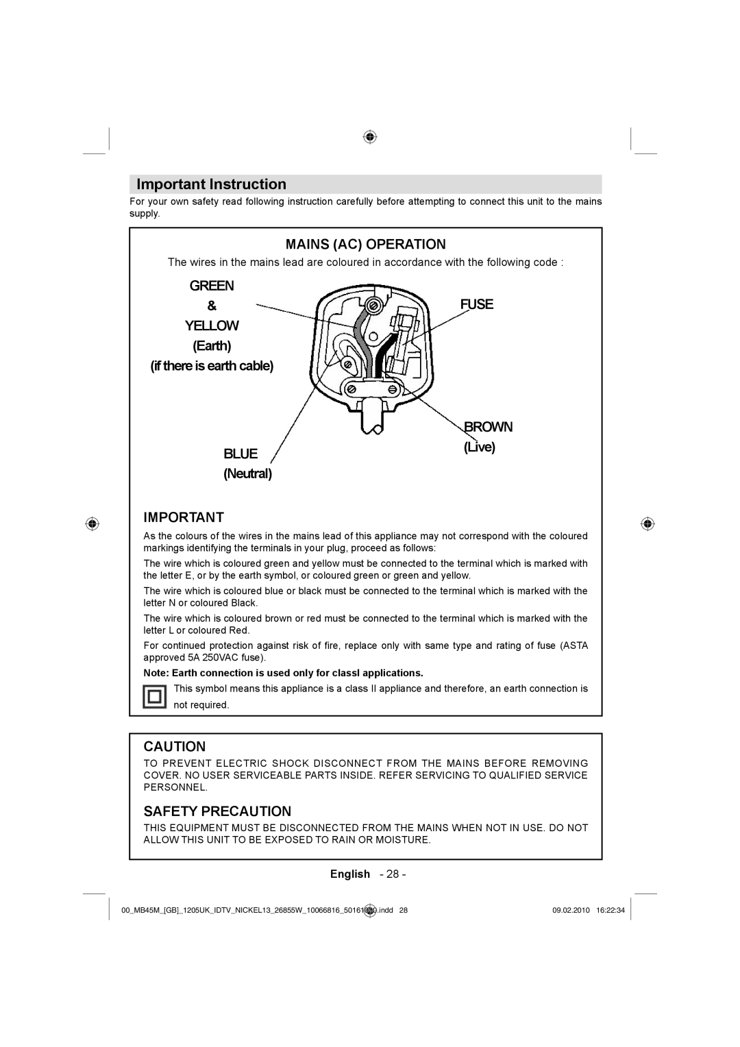 Technika LCD26-209X manual Important Instruction, Blue 