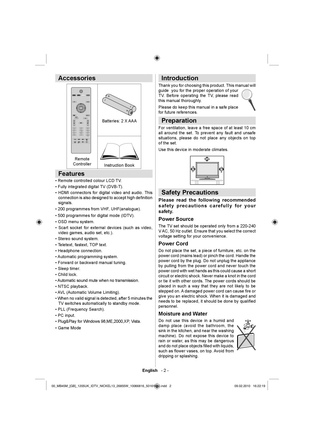 Technika LCD26-209X manual Accessories, Features, Introduction, Preparation, Safety Precautions 