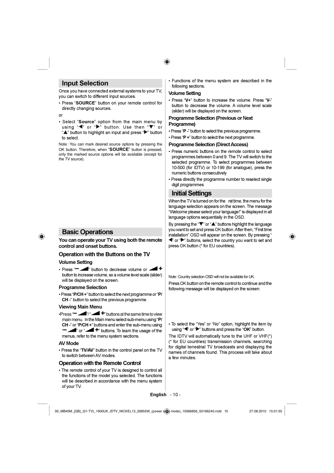 Technika LCD26-229 Input Selection, Basic Operations, Initial Settings, Operation with the Buttons on the TV 