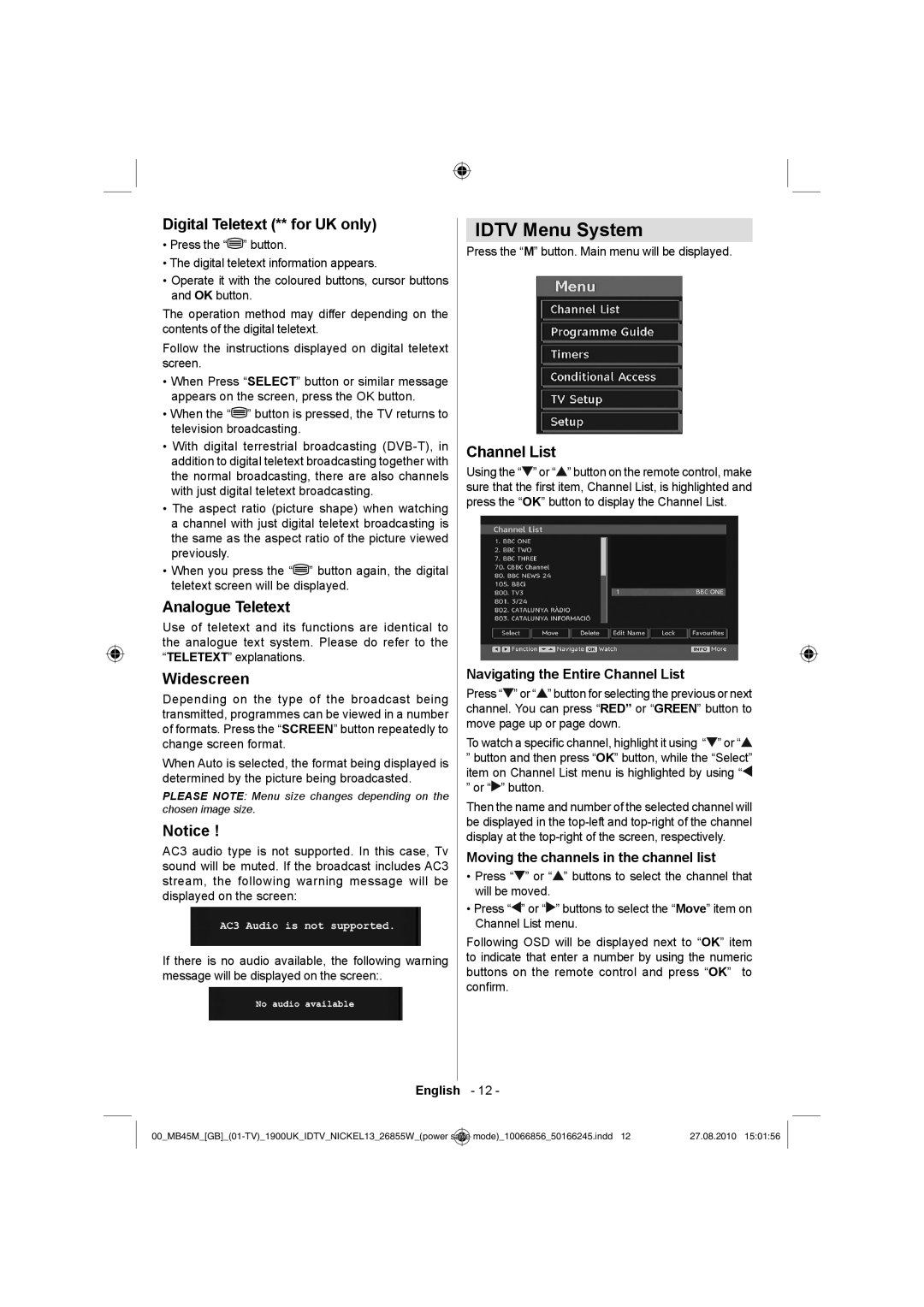 Technika LCD26-229 Idtv Menu System, Digital Teletext ** for UK only, Analogue Teletext, Widescreen, Channel List 