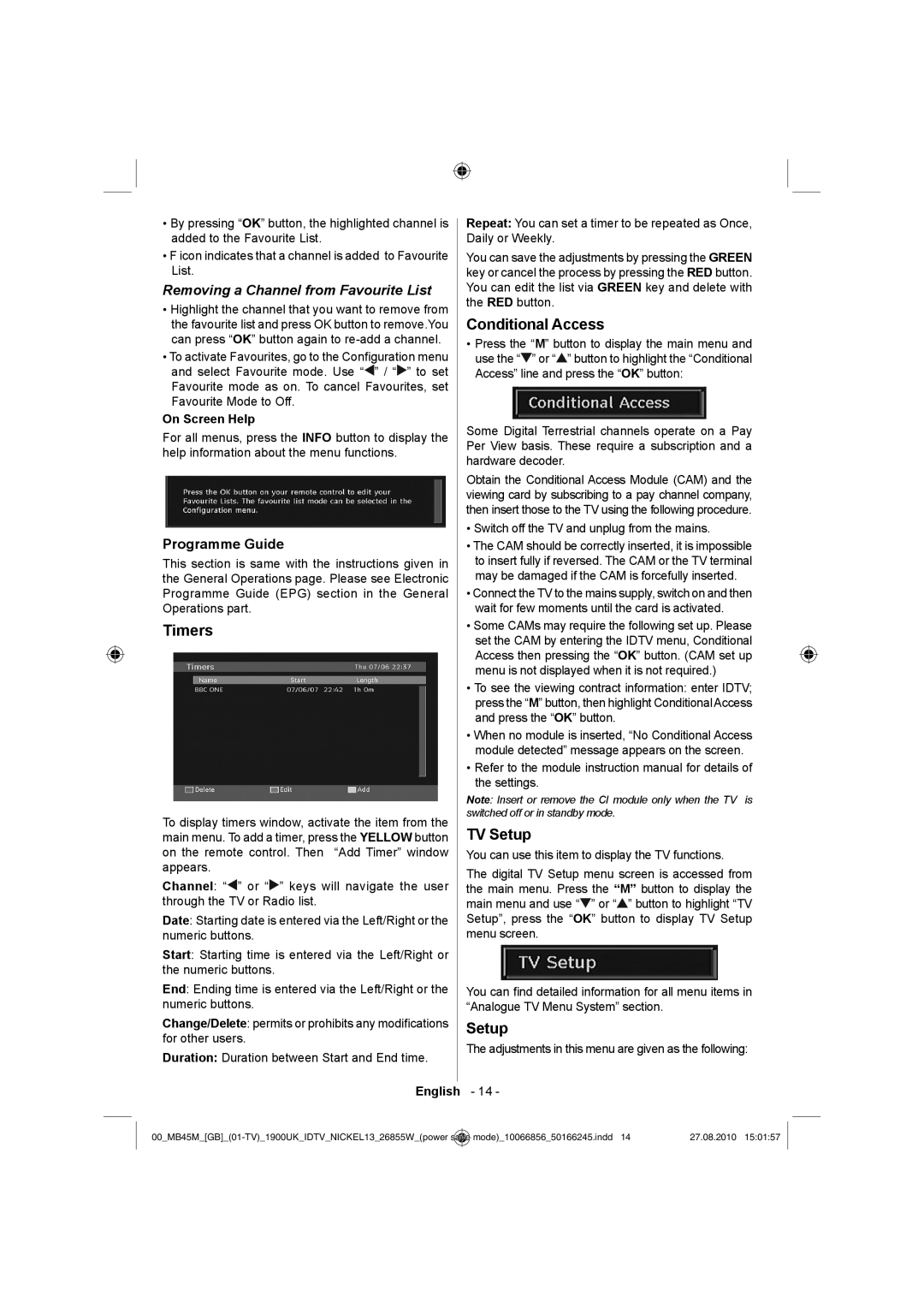 Technika LCD26-229 operating instructions Timers, Conditional Access, TV Setup, Removing a Channel from Favourite List 