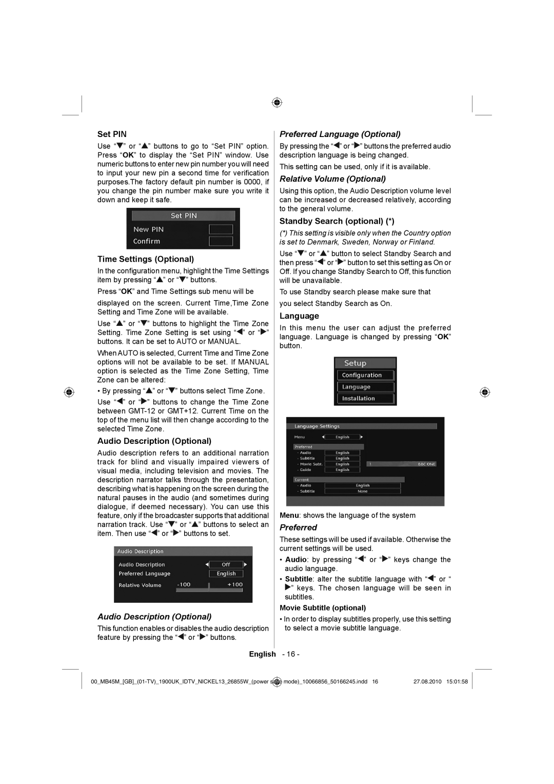 Technika LCD26-229 operating instructions Audio Description Optional, Preferred Language Optional, Relative Volume Optional 