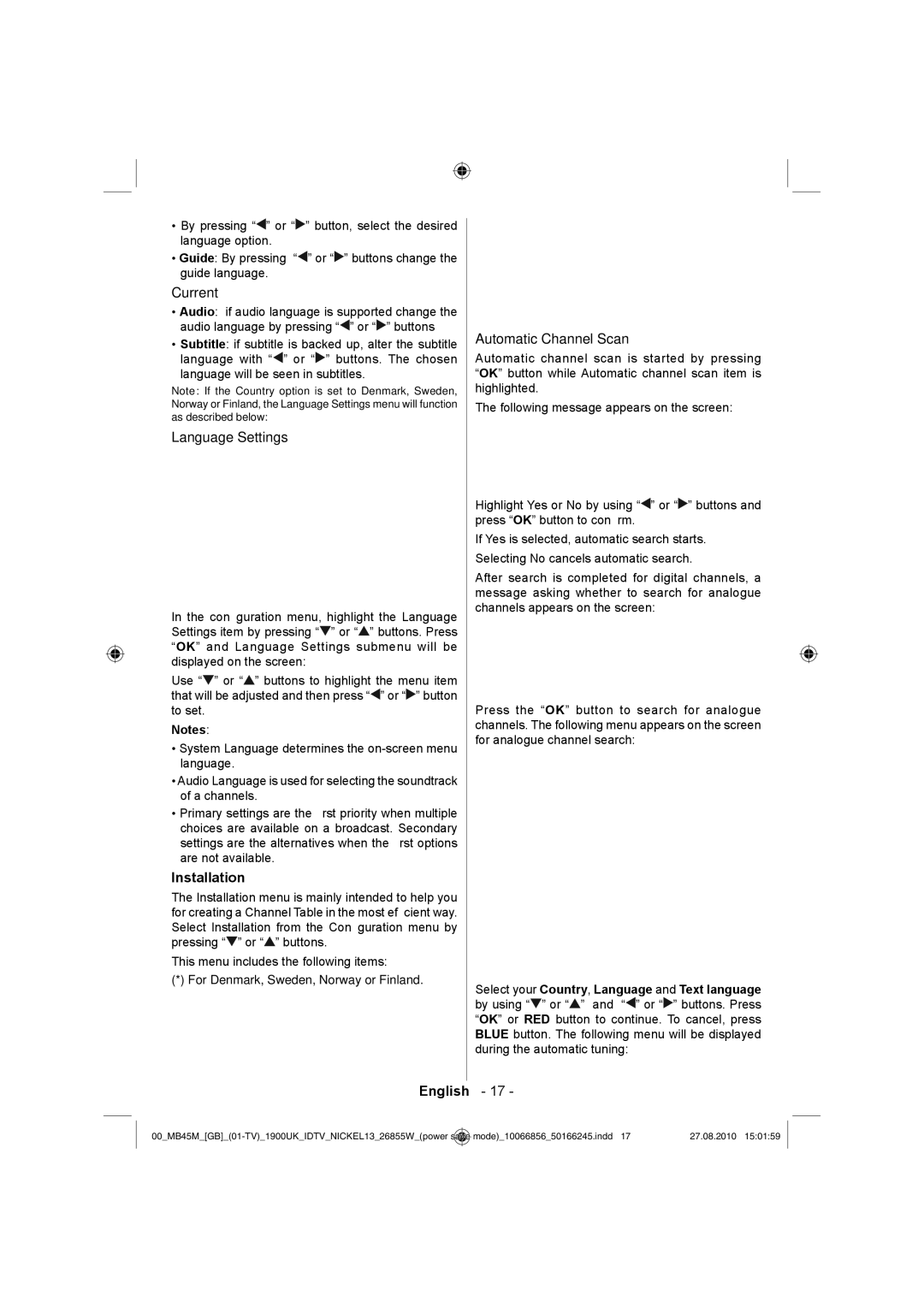 Technika LCD26-229 operating instructions Current, Language Settings, Installation, Automatic Channel Scan 