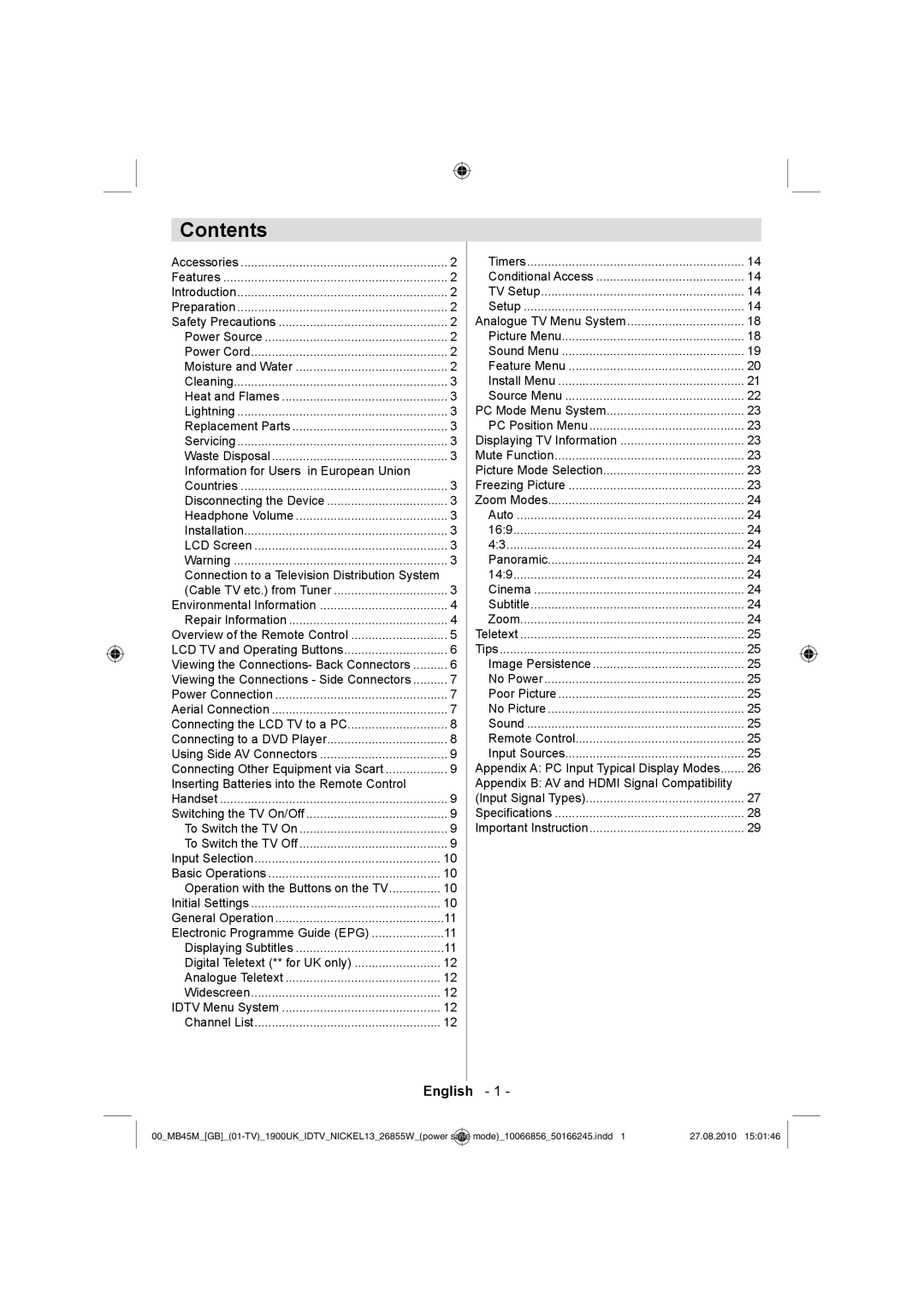 Technika LCD26-229 operating instructions Contents 