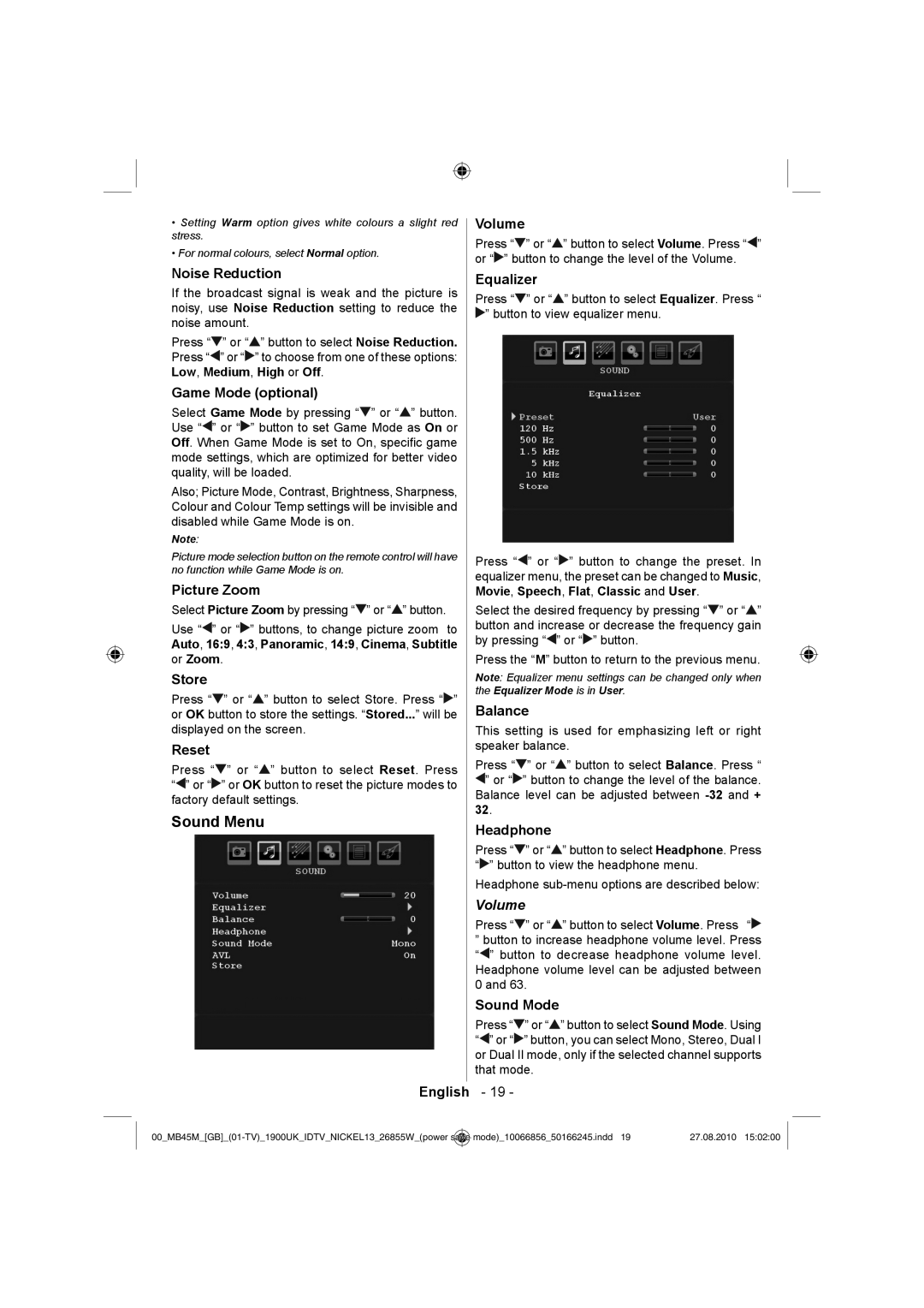 Technika LCD26-229 operating instructions Sound Menu, Volume 