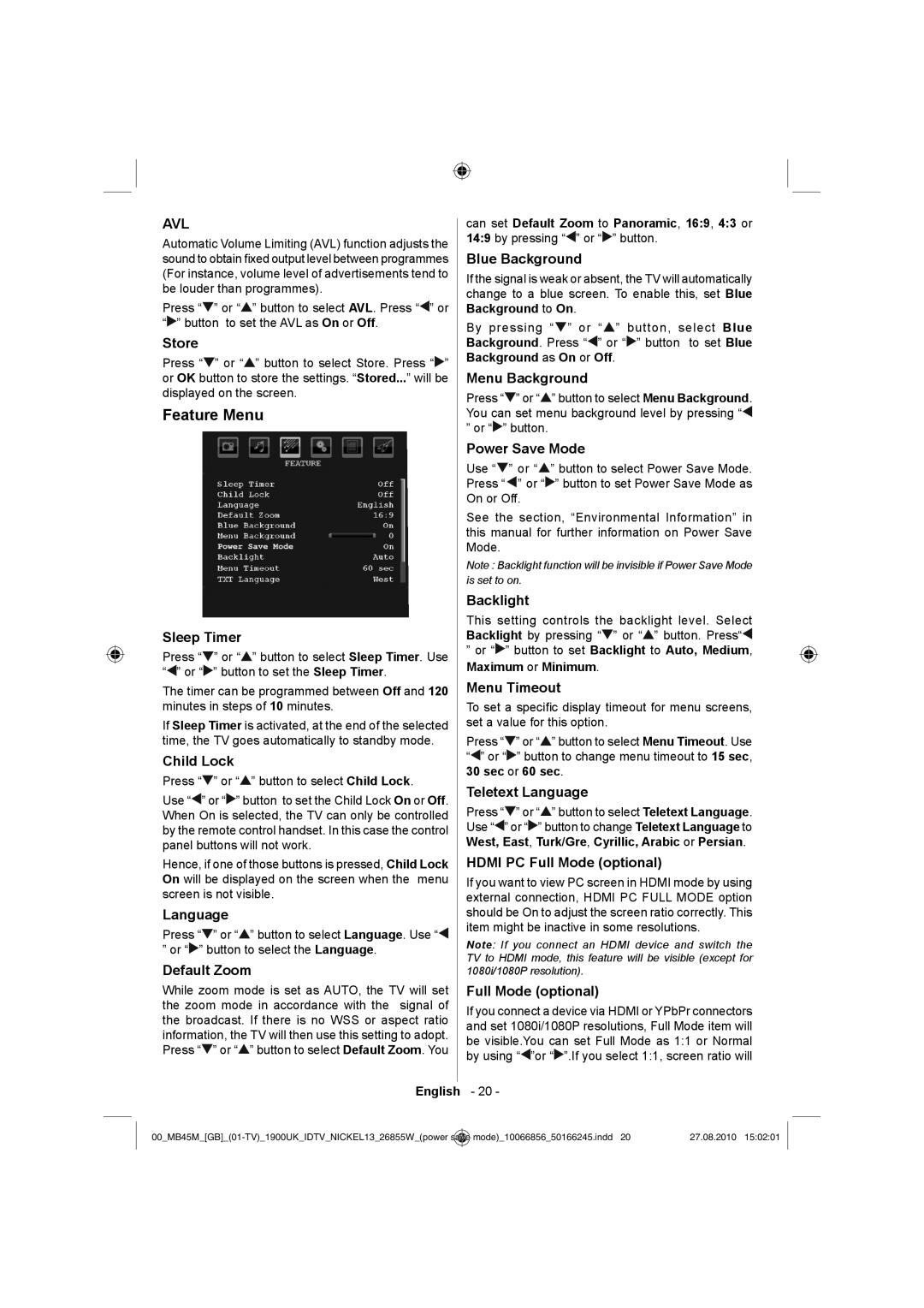 Technika LCD26-229 operating instructions Feature Menu 