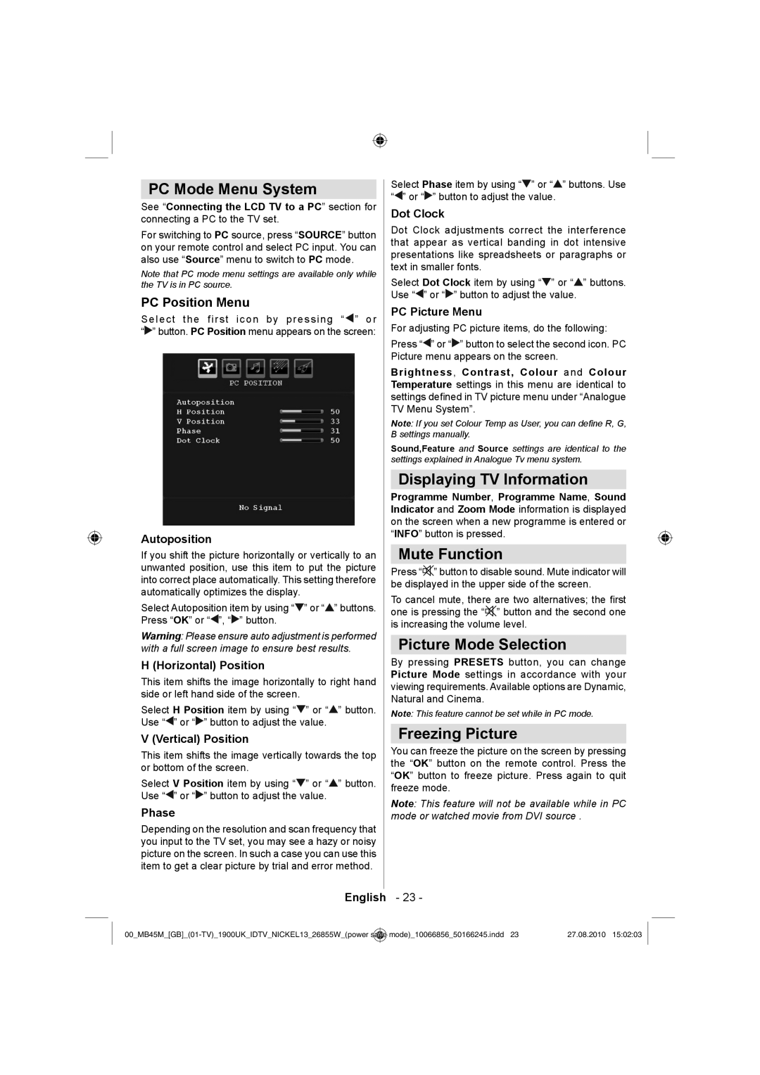 Technika LCD26-229 PC Mode Menu System, Displaying TV Information, Mute Function, Picture Mode Selection, Freezing Picture 