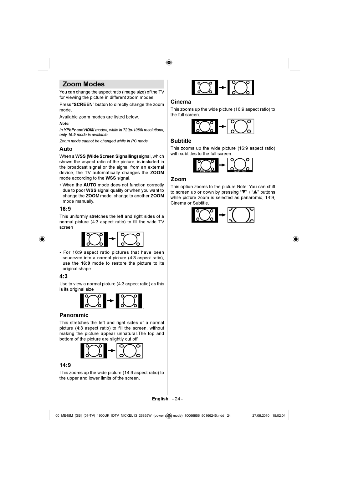 Technika LCD26-229 operating instructions Zoom Modes 