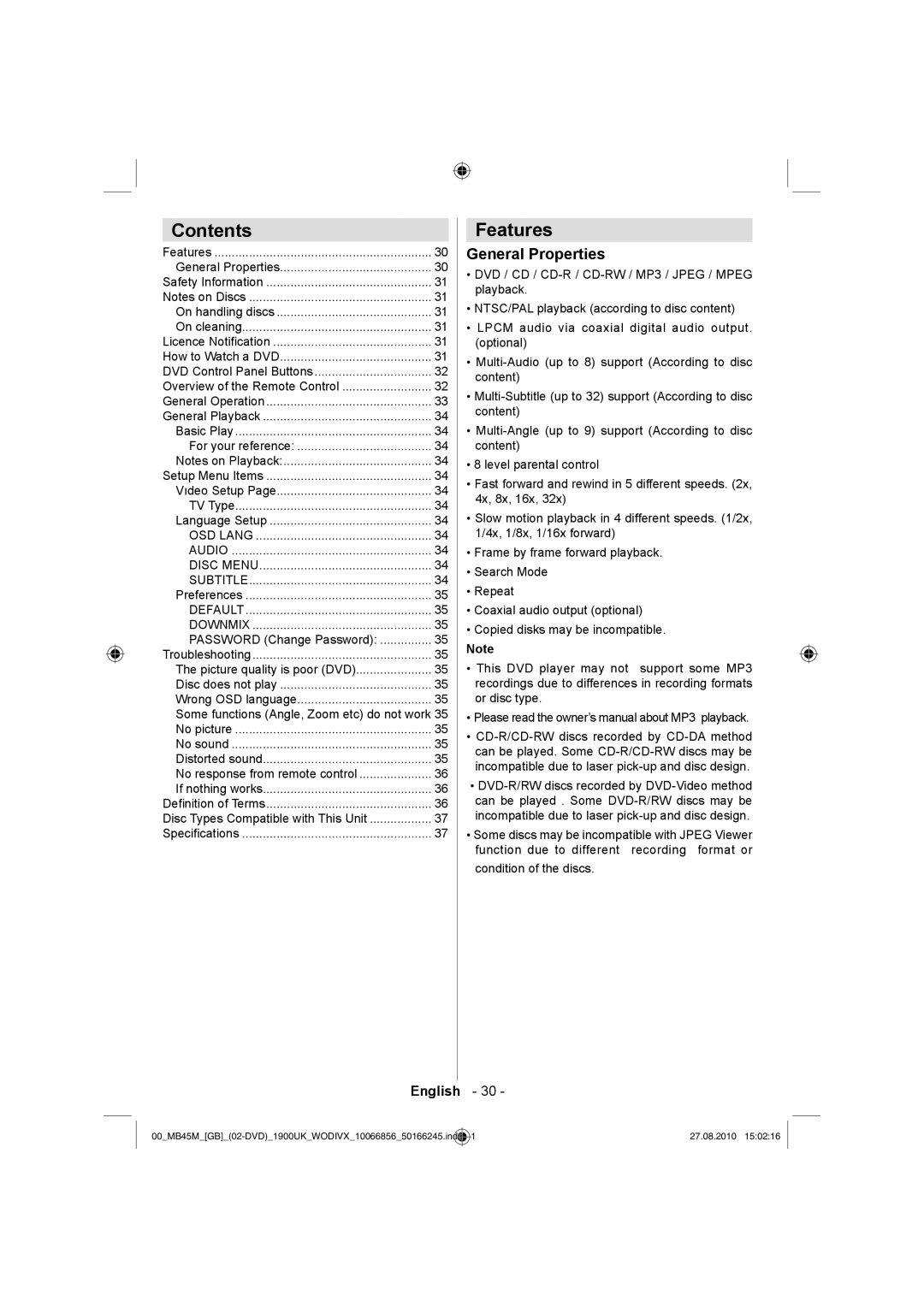 Technika LCD26-229 operating instructions Contents, Features 