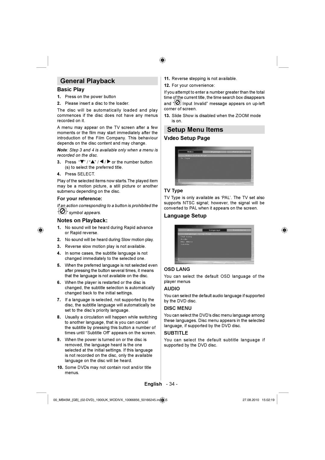 Technika LCD26-229 operating instructions General Playback, Setup Menu Items, Basic Play, Vıdeo Setup, Language Setup 