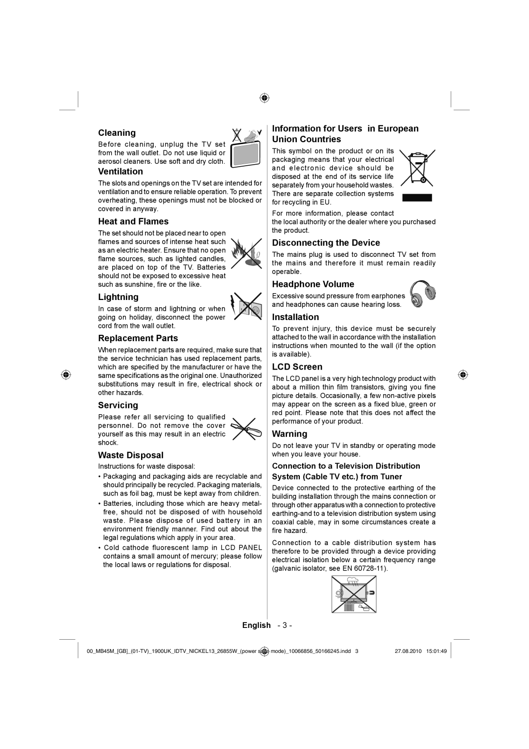 Technika LCD26-229 Cleaning, Ventilation, Heat and Flames, Lightning, Replacement Parts, Servicing, Waste Disposal 