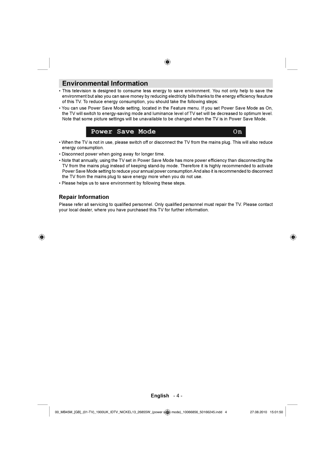 Technika LCD26-229 operating instructions Environmental Information, Repair Information 