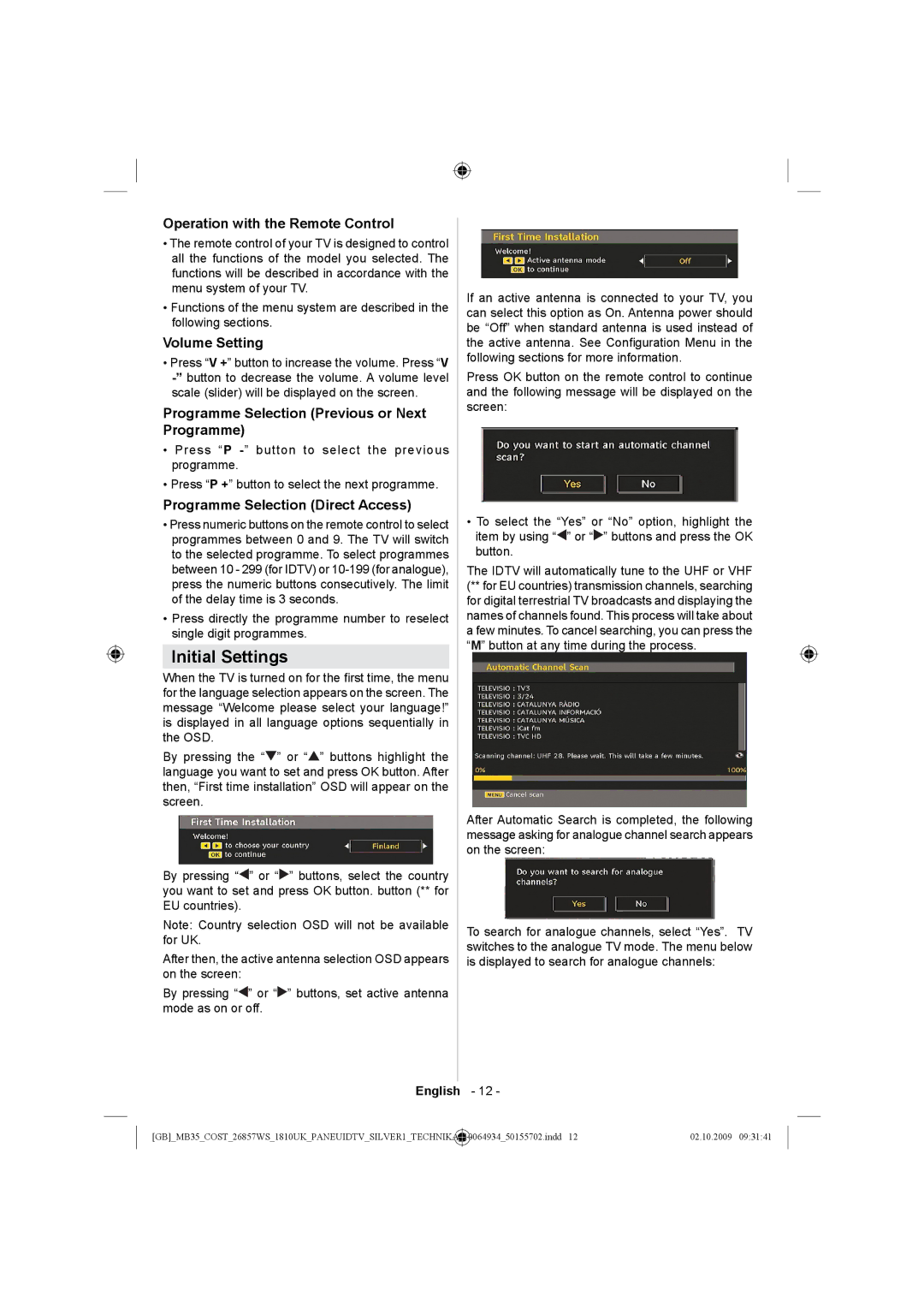 Technika LCD26-920 Initial Settings, Operation with the Remote Control, Volume Setting, Programme Selection Direct Access 