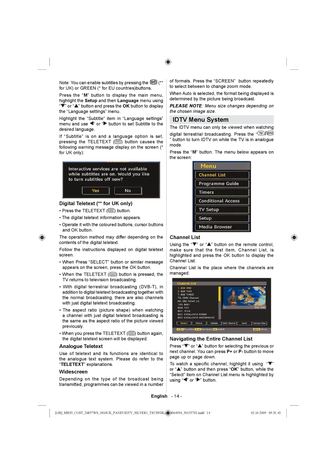 Technika LCD26-920 manual Idtv Menu System 