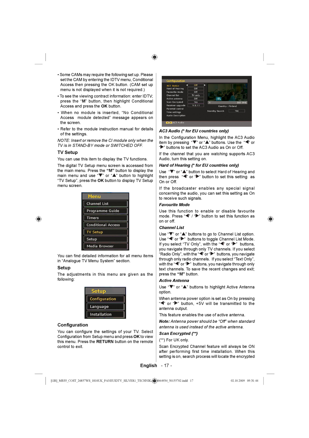 Technika LCD26-920 manual TV Setup, Conguration 