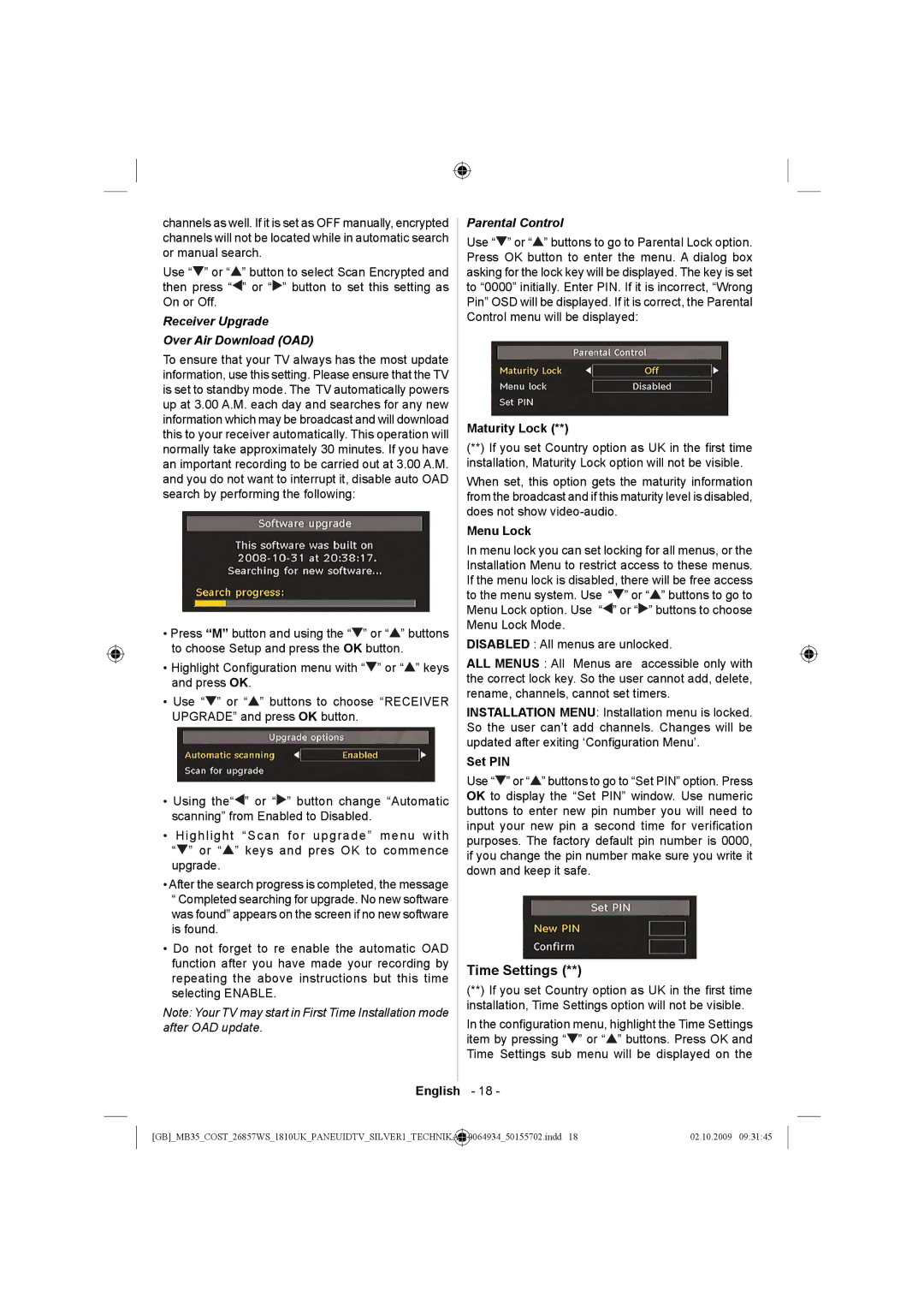 Technika LCD26-920 manual Time Settings, Receiver Upgrade Over Air Download OAD, Parental Control 