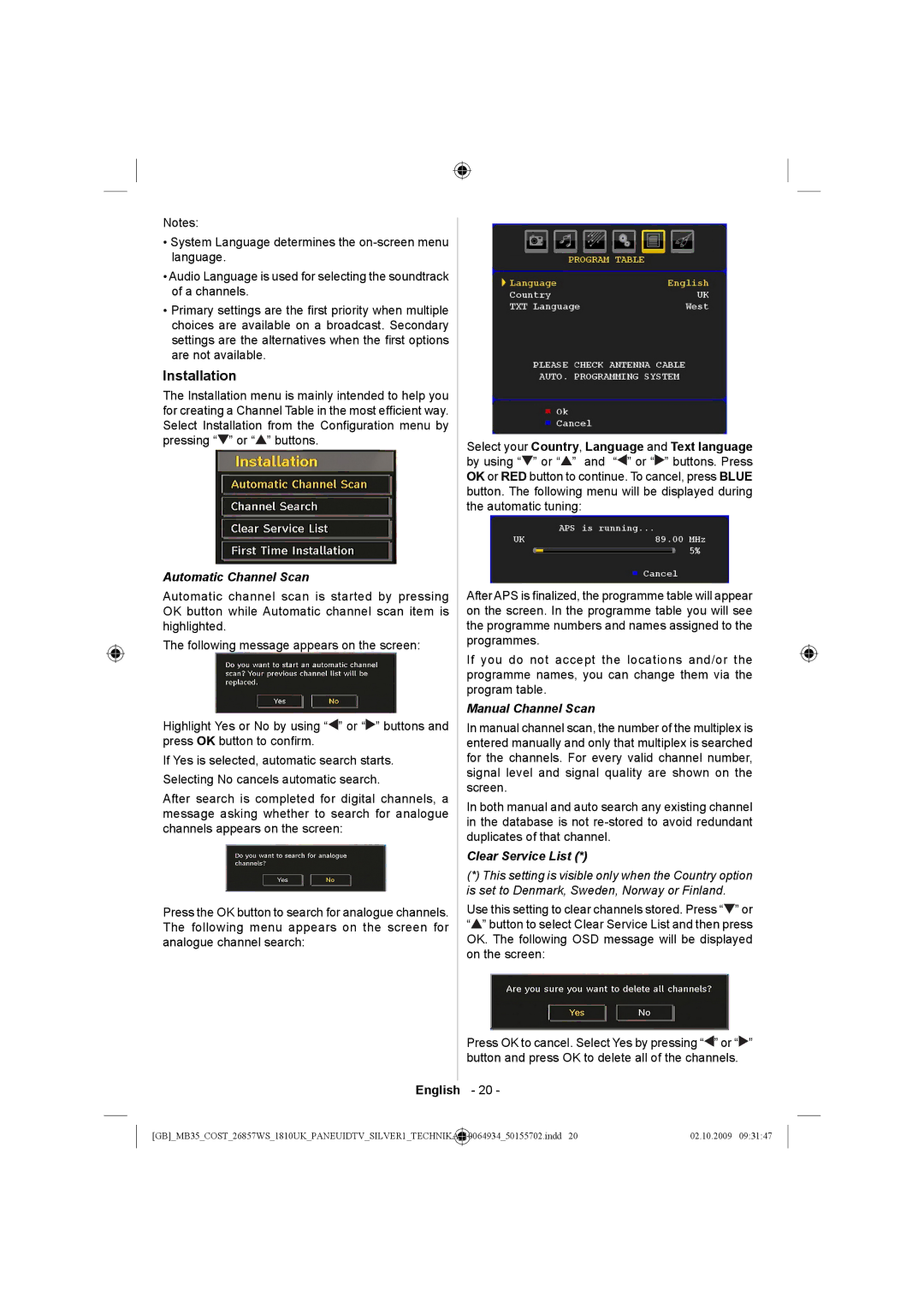 Technika LCD26-920 manual Automatic Channel Scan, Manual Channel Scan, Clear Service List 