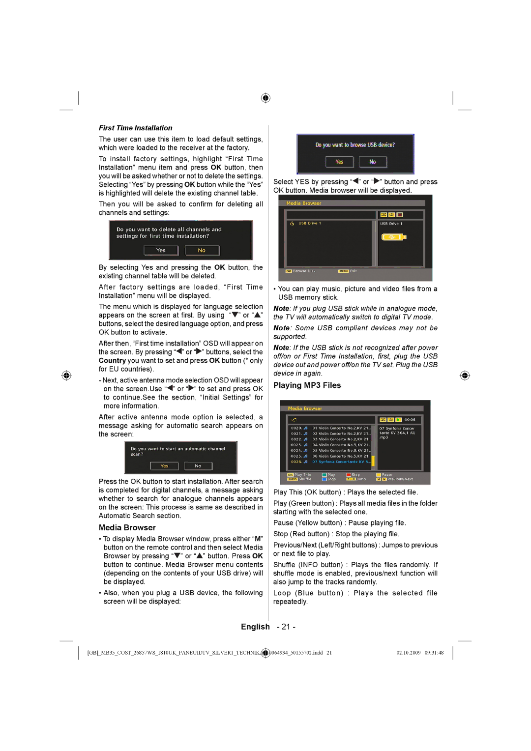 Technika LCD26-920 manual Media Browser, Playing MP3 Files, First Time Installation 