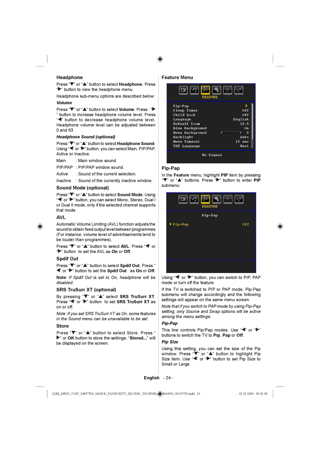 Technika LCD26-920 manual Headphone, Sound Mode optional, Spdif Out, SRS TruSurr XT optional, Feature Menu Pip-Pap 