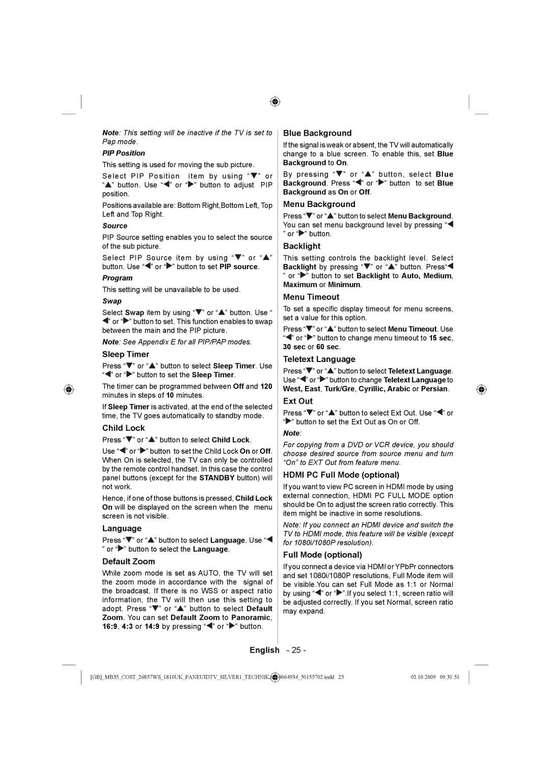 Technika LCD26-920 manual Sleep Timer, Child Lock, Default Zoom, Blue Background, Menu Background, Backlight, Menu Timeout 