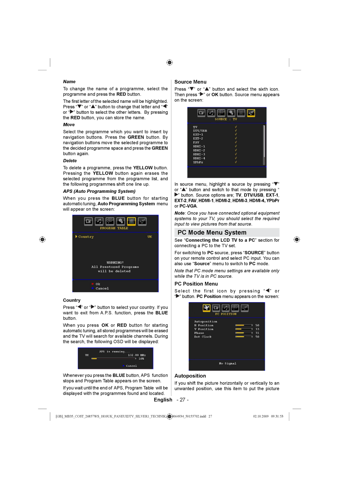 Technika LCD26-920 manual PC Mode Menu System, Source Menu, PC Position Menu, Autoposition 