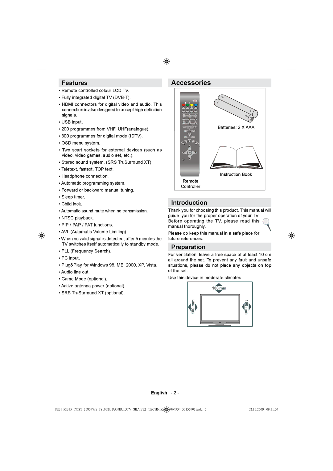 Technika LCD26-920 manual Accessories, Features, Introduction, Preparation 