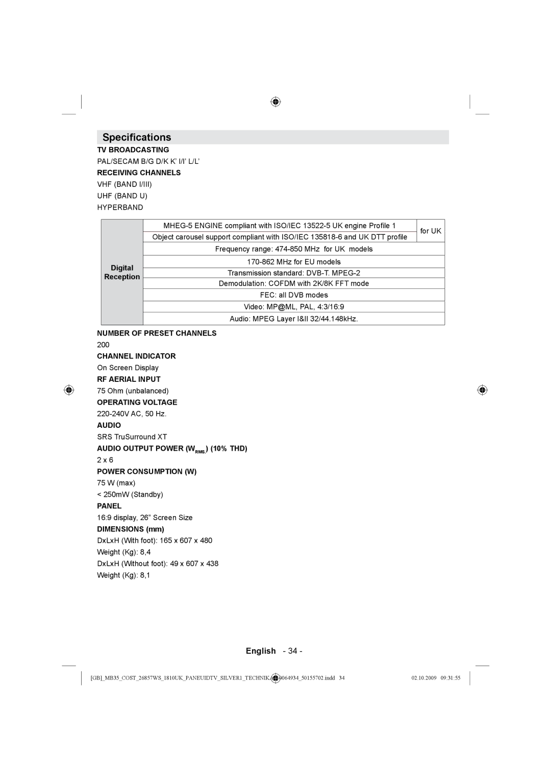 Technika LCD26-920 manual Specications, Receiving Channels 