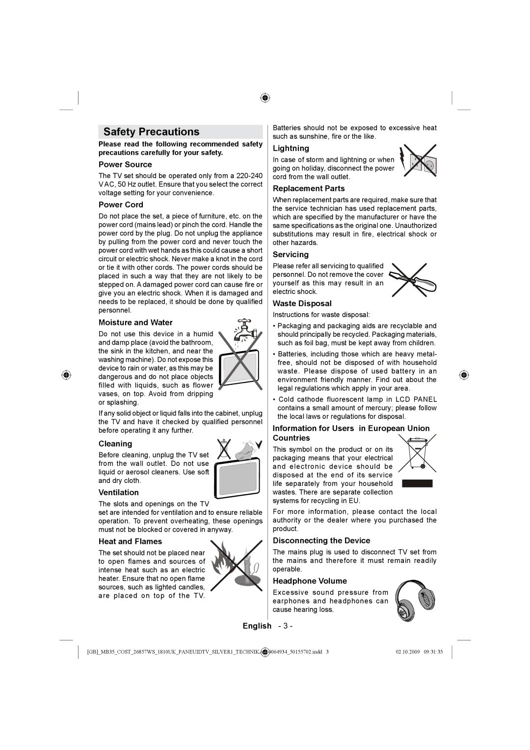 Technika LCD26-920 manual Safety Precautions 