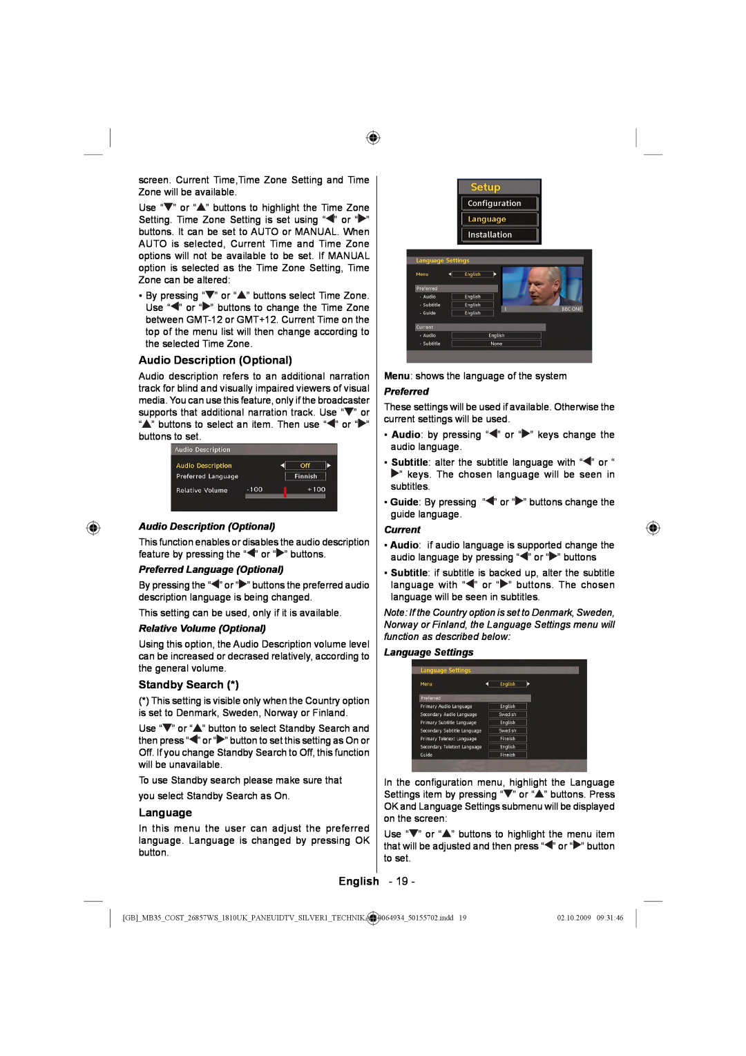 Technika LCD26-920 manual Audio Description Optional, Standby Search, English, Preferred Language Optional, Current 