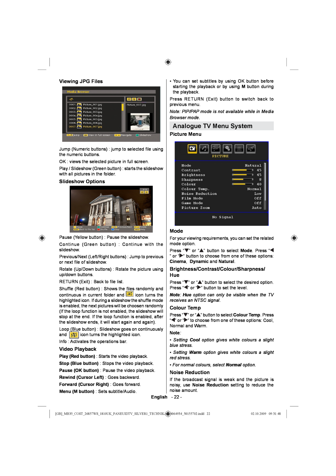 Technika LCD26-920 manual Analogue TV Menu System, Viewing JPG Files, Slideshow Options, Video Playback, Picture Menu Mode 