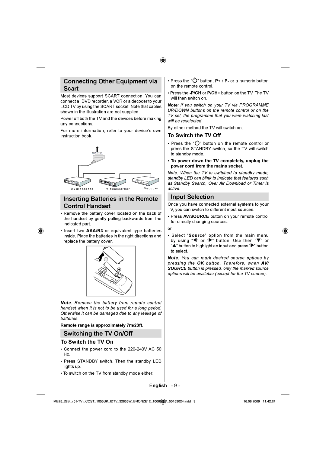 Technika LCD32-209V manual Connecting Other Equipment via Scart, Inserting Batteries in the Remote Control Handset 