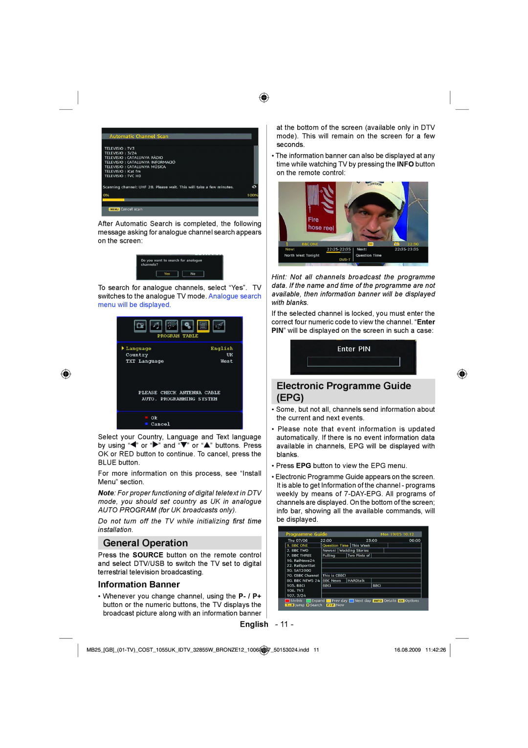 Technika LCD32-209V manual General Operation, Electronic Programme Guide, Information Banner 