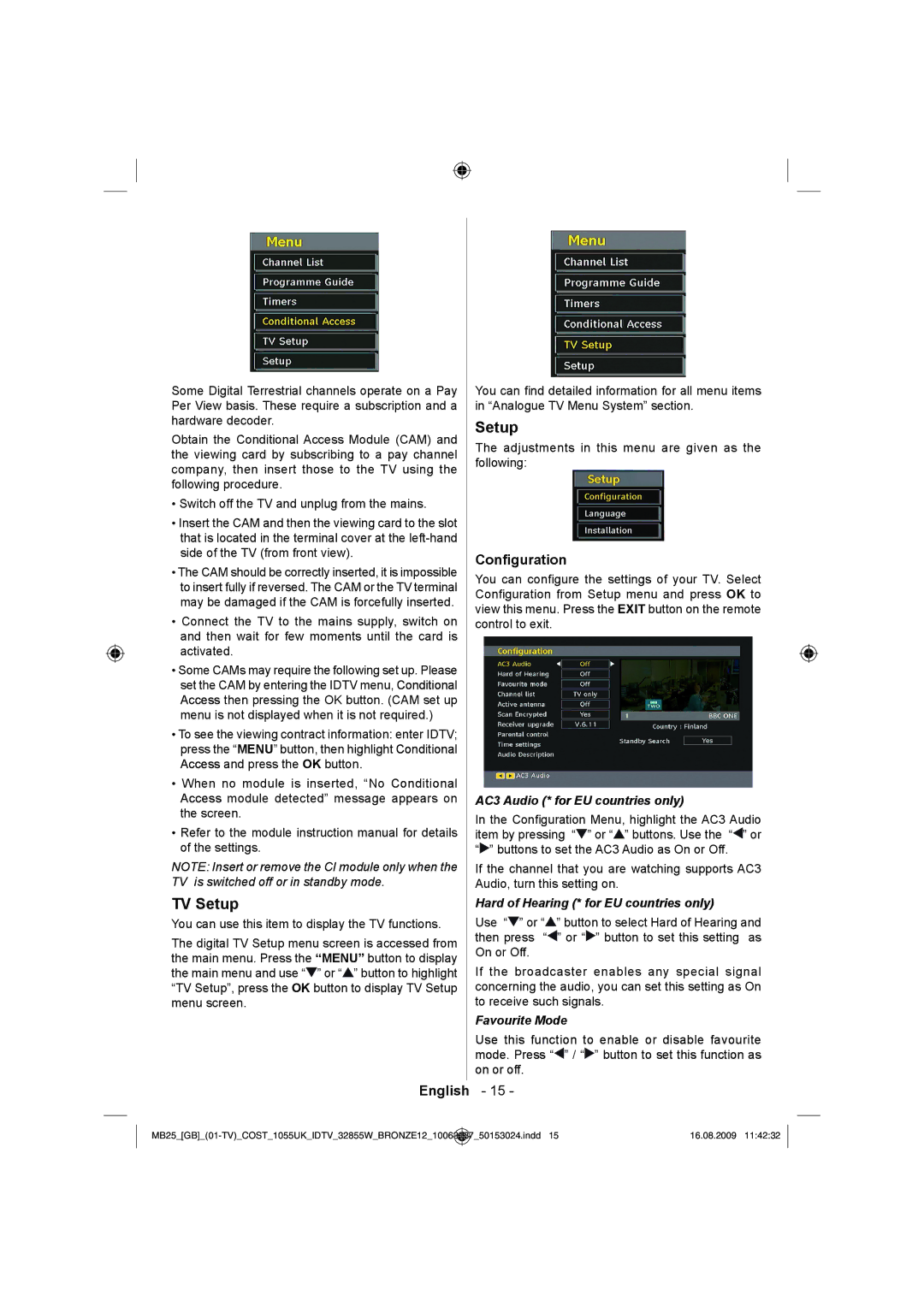 Technika LCD32-209V manual TV Setup, Conﬁguration 