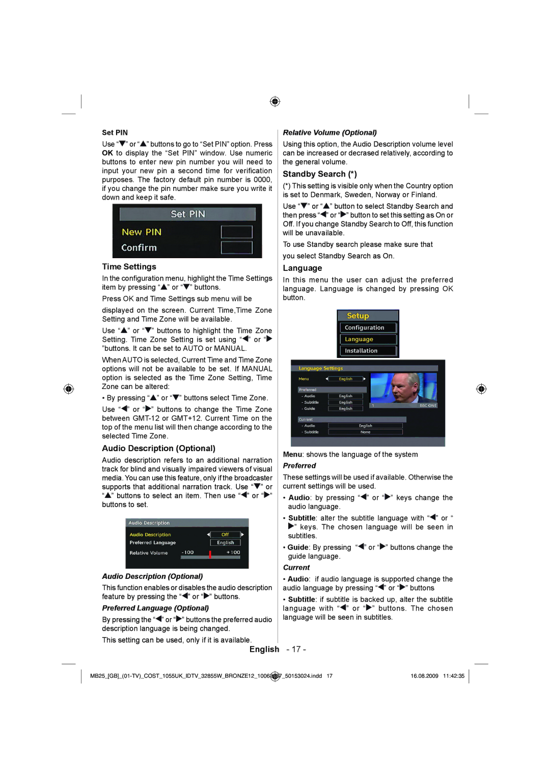 Technika LCD32-209V manual Time Settings, Audio Description Optional, Standby Search, Language 