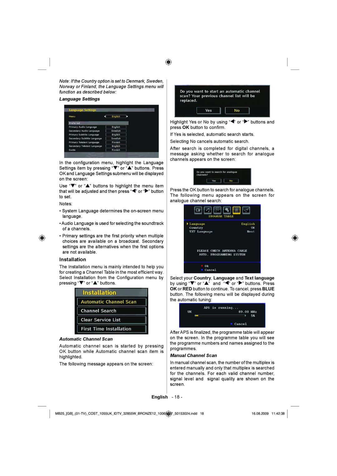 Technika LCD32-209V manual Installation, Language Settings, Automatic Channel Scan, Manual Channel Scan 