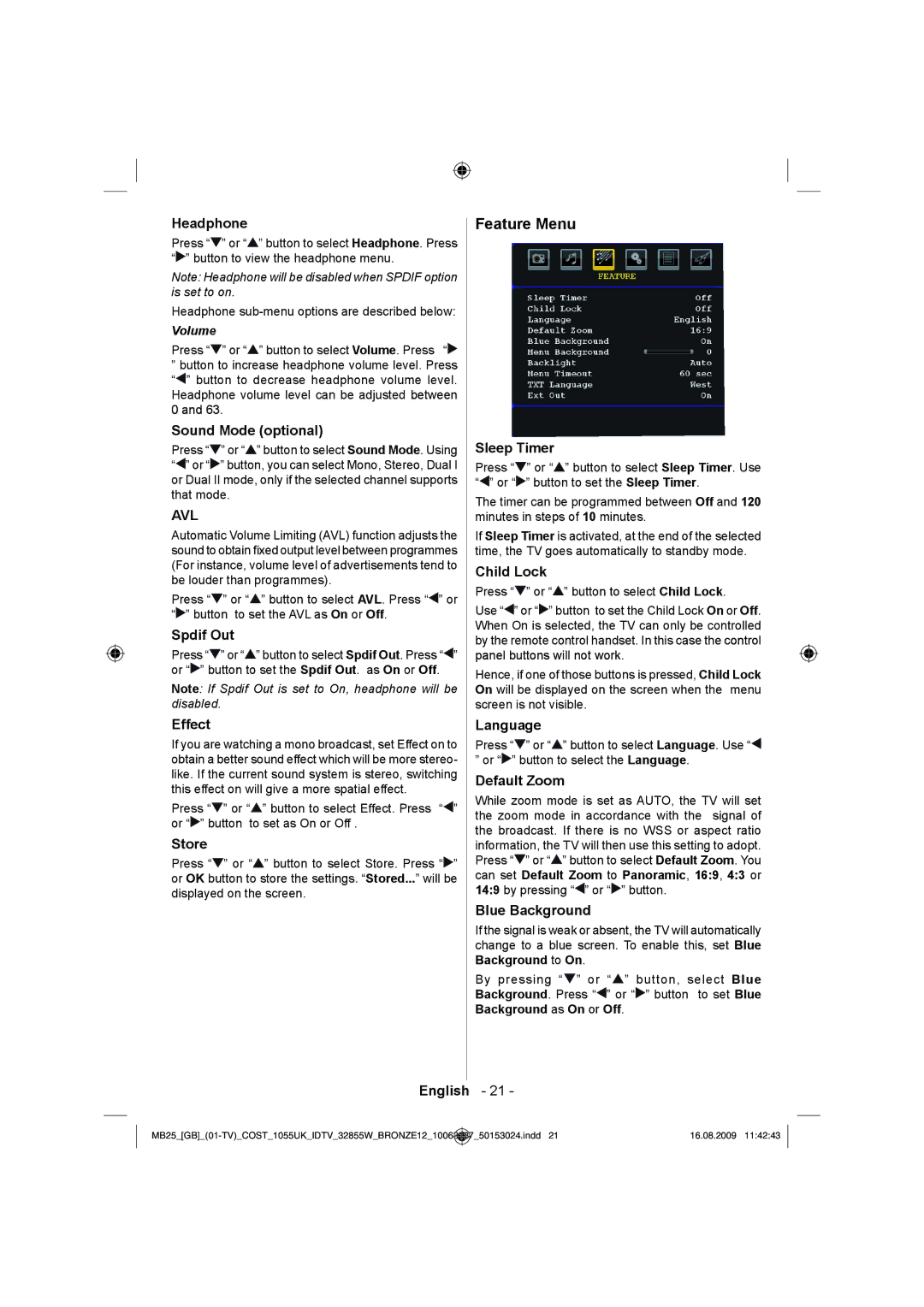 Technika LCD32-209V manual Feature Menu 