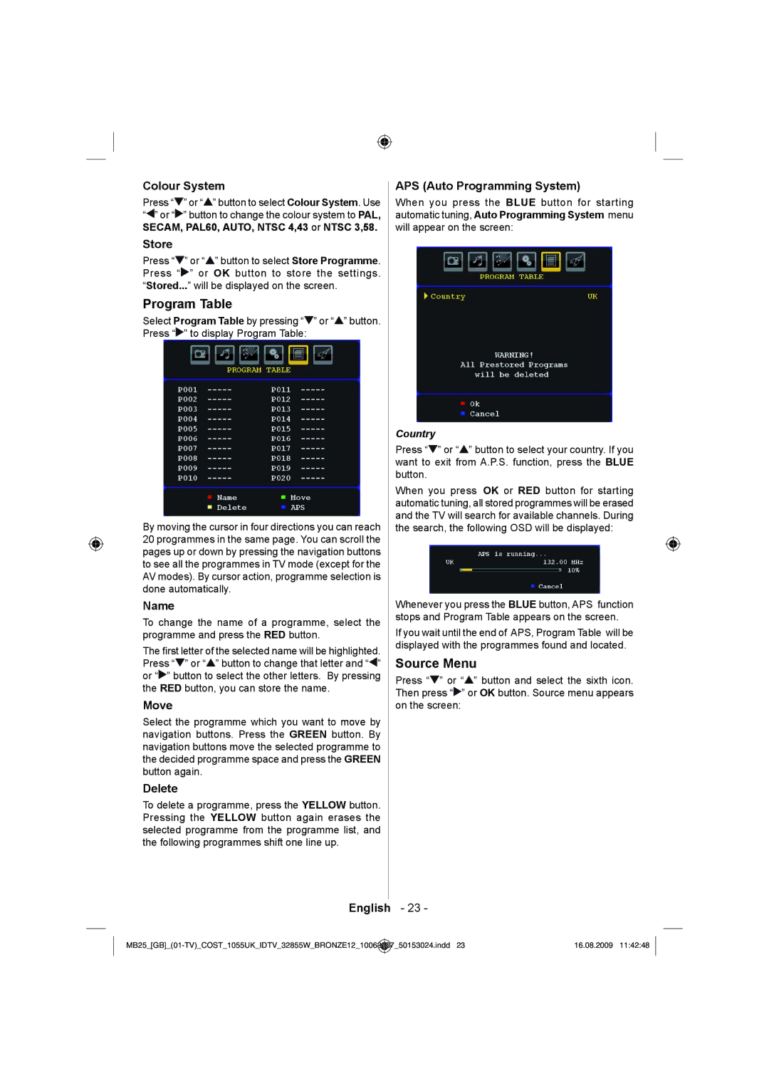 Technika LCD32-209V manual Program Table, Source Menu 