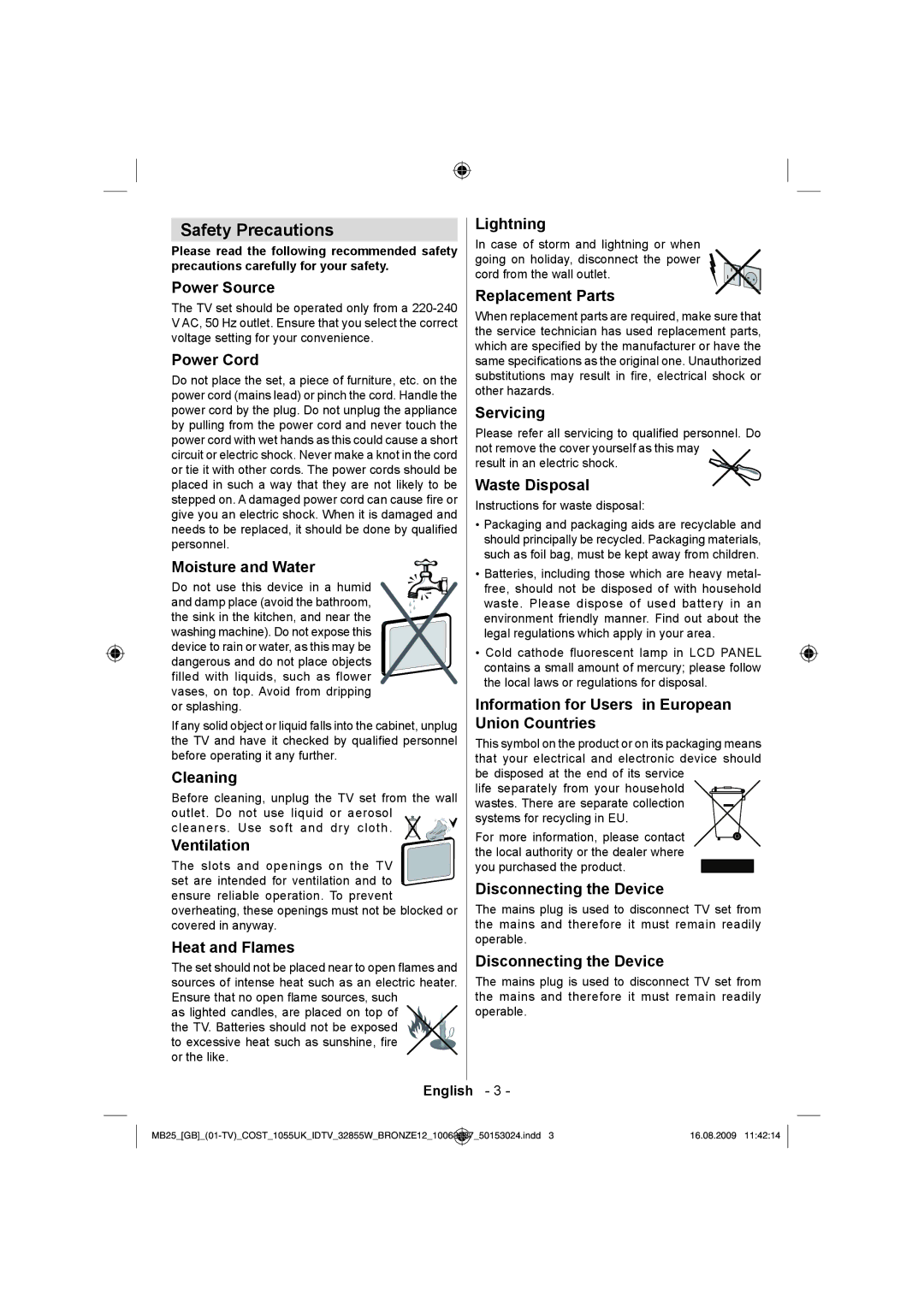 Technika LCD32-209V manual Safety Precautions 