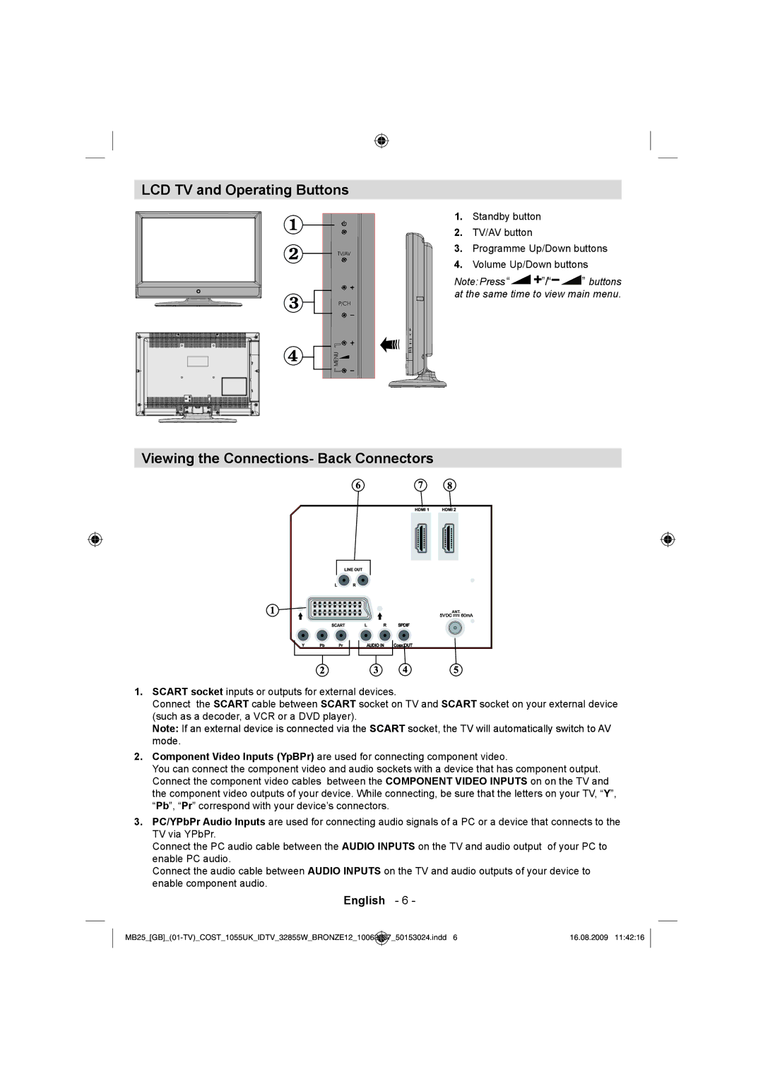 Technika LCD32-209V manual LCD TV and Operating Buttons, Viewing the Connections- Back Connectors 