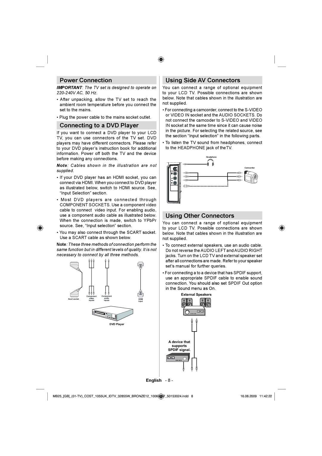 Technika LCD32-209V manual Power Connection, Connecting to a DVD Player, Using Side AV Connectors, Using Other Connectors 