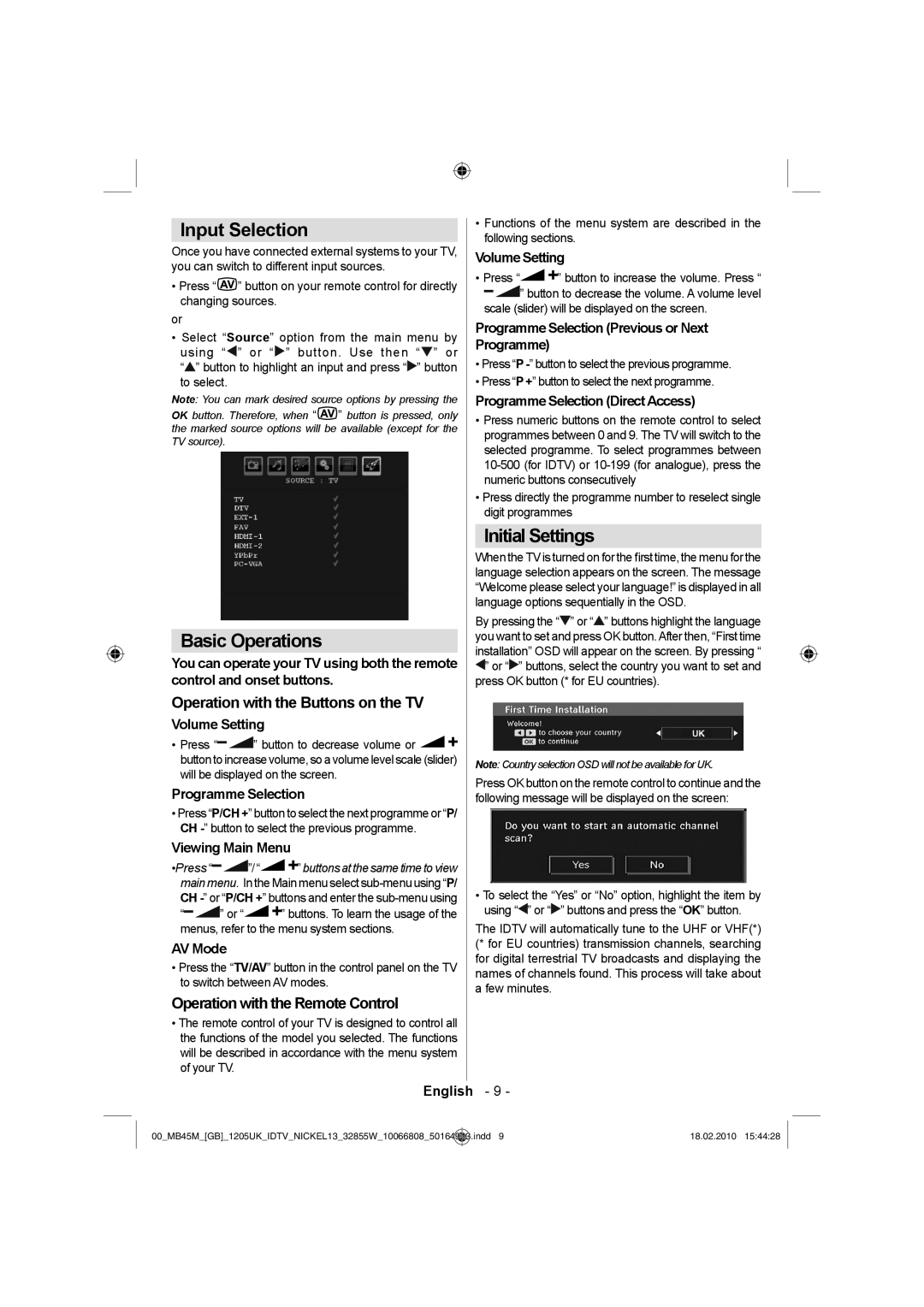 Technika LCD32-209X Input Selection, Basic Operations, Initial Settings, Operation with the Buttons on the TV 