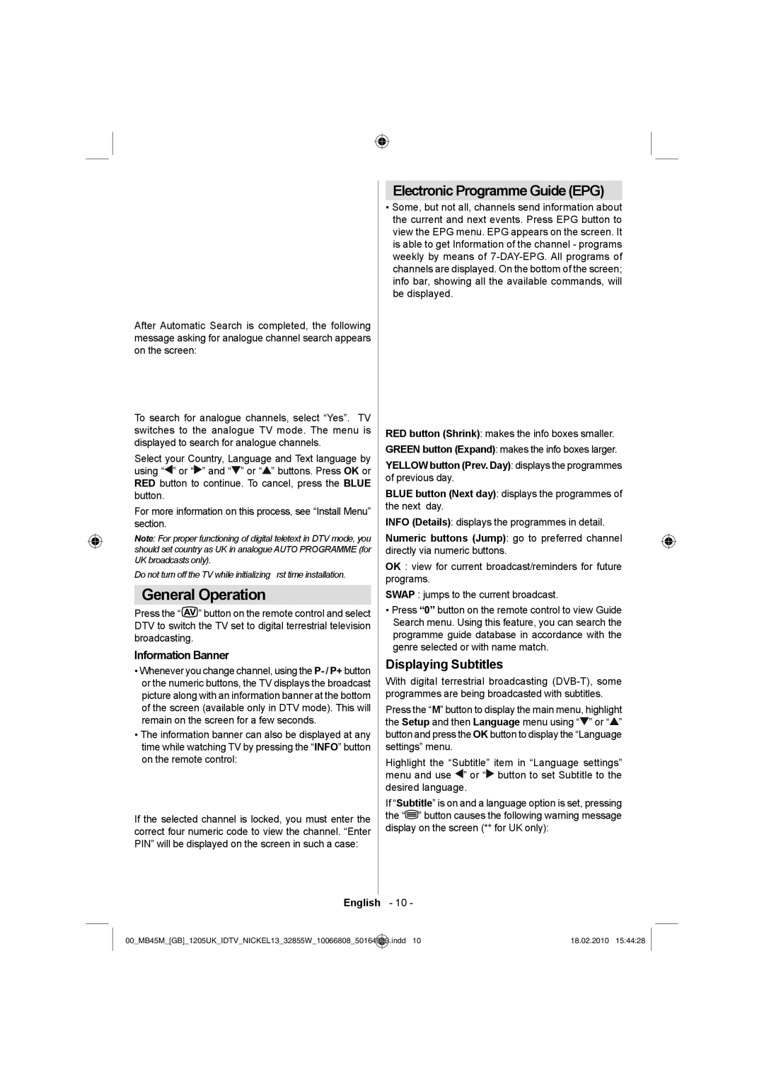 Technika LCD32-209X operating instructions General Operation, Displaying Subtitles, Information Banner 