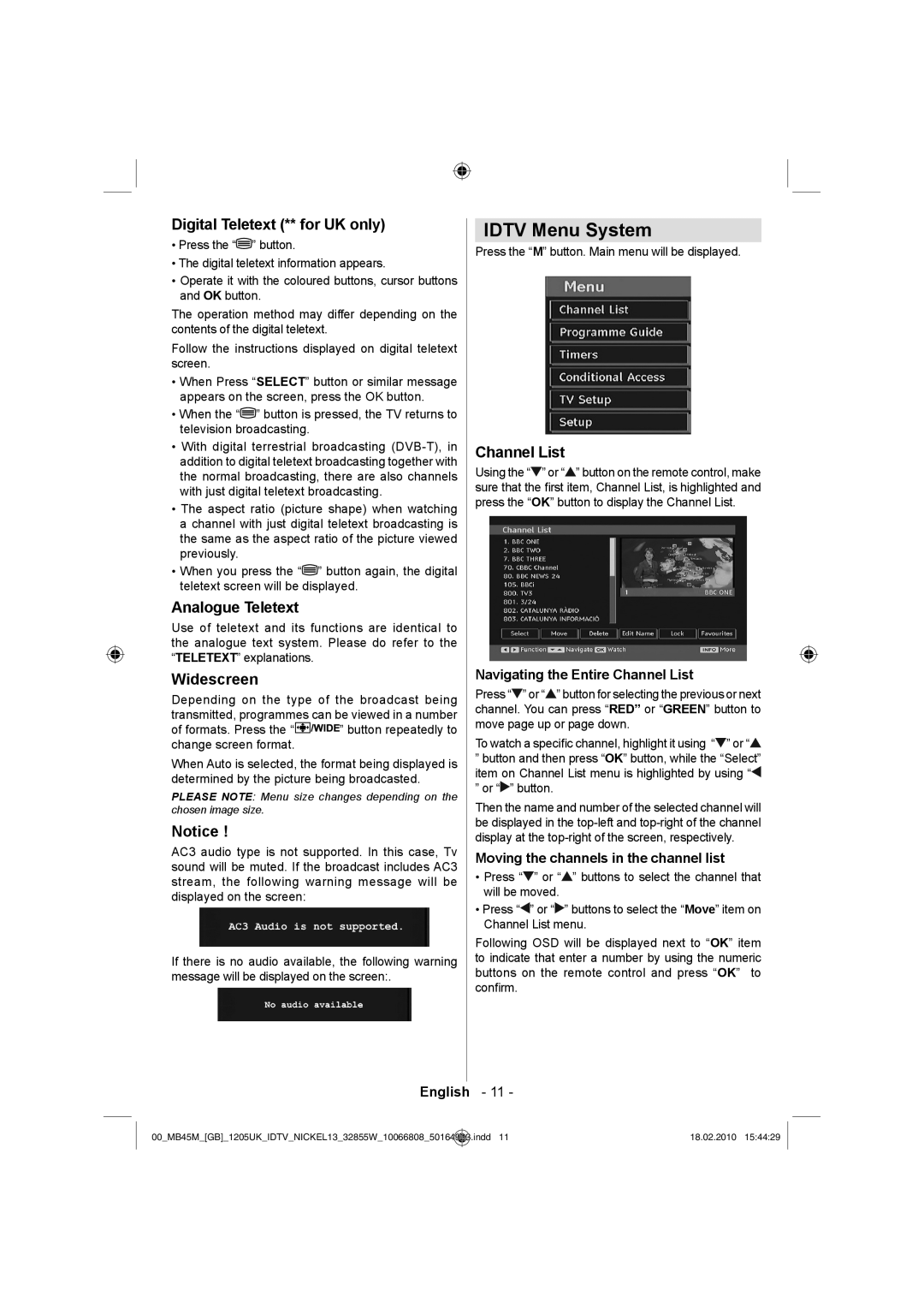 Technika LCD32-209X Idtv Menu System, Digital Teletext ** for UK only, Analogue Teletext, Widescreen, Channel List 